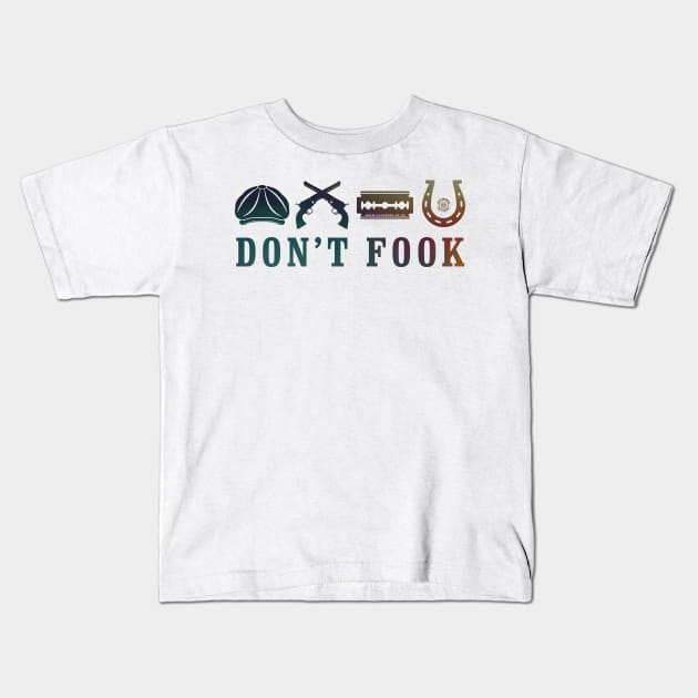 Don't Fook Razor Cap Guns Horseshoe Kids T-Shirt by eyevoodoo